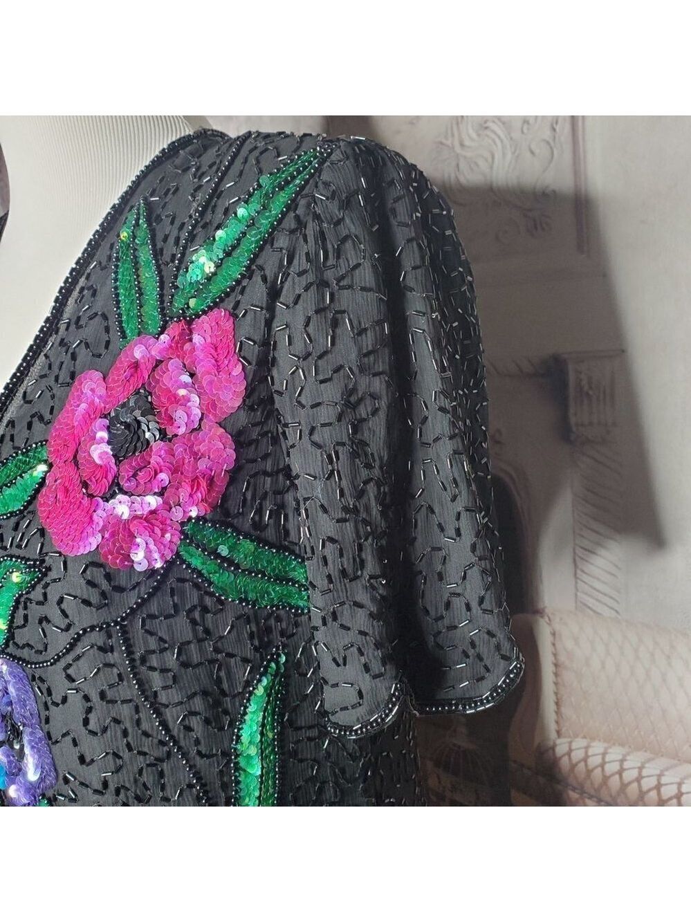 LAWRENCE Kazar 100% Pure Silk Black Lined Sequins Beads Party Blouse Size Medium - Picture 4 of 9
